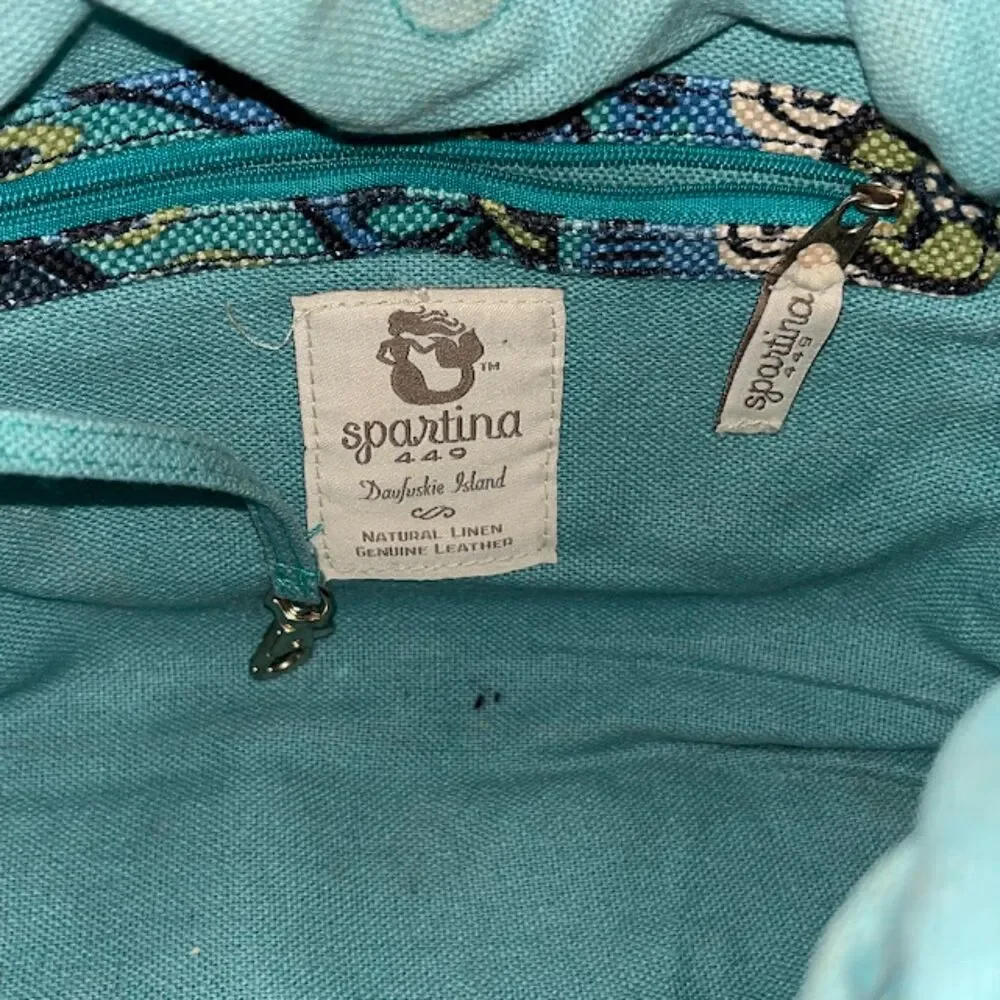 Spartina 449 Mod Black Blue Green Retro Flower Pattern Bucket Bag